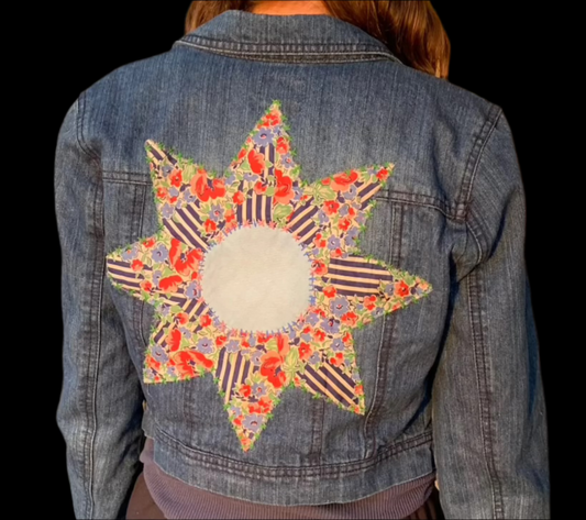 Denim Jacket with Floral and Blue Stripe 8 Point Star