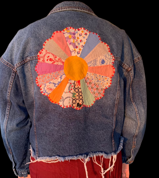 Denim Jacket with Curved Edge Dresden Plate Quilt Piece