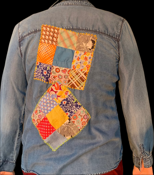 Long Sleeve Denim Shirt with Antique 9 Patch Quilt Square