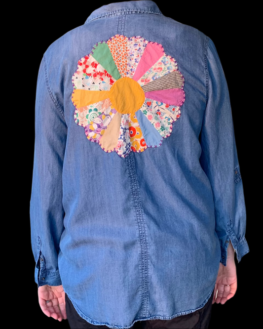 Long Sleeve Denim Shirt with Rounded Edge Dresden Quilt Piece