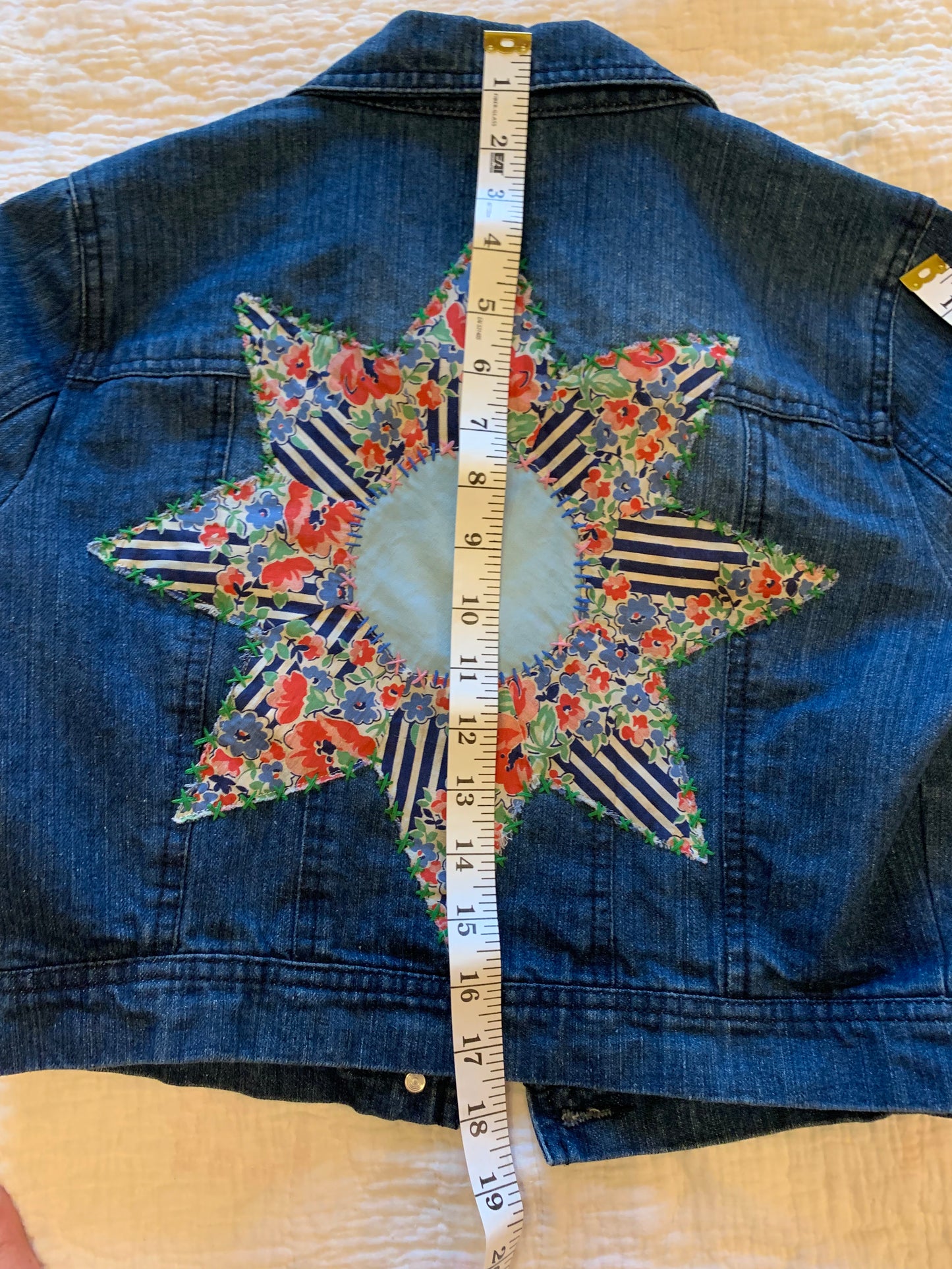 Denim Jacket with Floral and Blue Stripe 8 Point Star