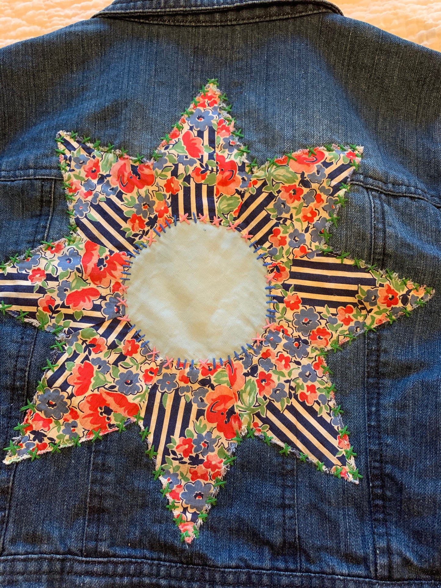 Denim Jacket with Floral and Blue Stripe 8 Point Star