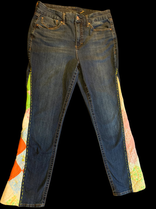 Jeans with Yellow Embroidery & Double-Button Waist